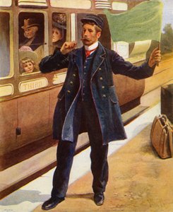 Vakten blåser i sin visselpipa när tåget ska avgå (färg litho) av English School