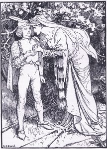 Guenevere skickar sin sida till Lancelot för hjälp, illustration från "The Book of Romance" publicerad av Longmans Green och Co av English School