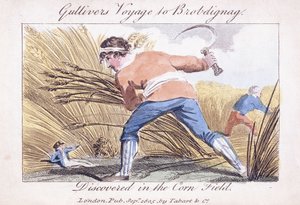 Gullivers resa till Brobdingnag, upptäckt i majsfältet, 1805 av English School