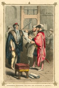 Gutenberg, Schoeffer och Fust, tryckeriets uppfinnare (lito i färg) av English School