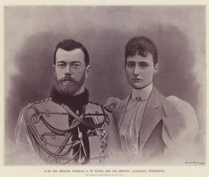 HEM kejsaren Nikolaj II av Ryssland och kejsarinnan Alexandra Feodorovna (färglitografi) av English School