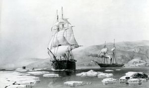 HMS Assistance och Pioneer bröt ut ur vinterkvarteren 1854 (litografi) av English School