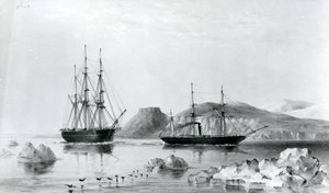 HMS Assistance i Tow of Pioneer som passerar John Harrow Mount, North Wellington Channel 1853 (litografi) av English School