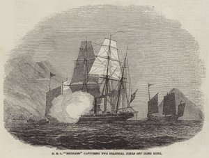 HMS "Reynard" fångar Two Piratical Junks utanför Hong Kong (gravyr) av English School