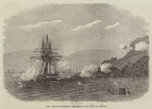 HMS Rinaldo bombarderar Salangore, i Malackasundet (gravyr) av English School