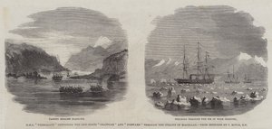 HMS "Termagant" konvojerar Gun-Boats "Grappler" och "Forward" genom Magellansundet (gravyr) av English School