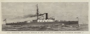 HMS "Trafalgar", den största järnklädda i den brittiska flottan, sjösatt i Portsmouth 20 september (gravyr) av English School