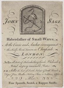 Sybehör, John Sage, handelskort av English School