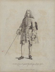 En engelsk gentlemans klädedräkt omkring 1700 (gravyr) av English School