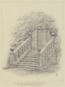 Haddon Hall, dörren från vilken Dorothy Vernon rymde med Sir John Manners (litho) av English School