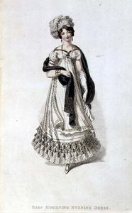 Halv sorgeaftonklänning, modetallrik från Ackermanns Repository of Arts (färgad gravyr) av English School