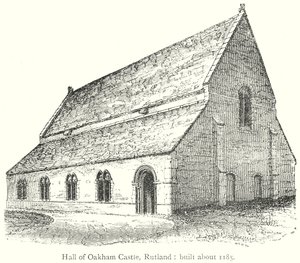 Hall i Oakham Castle, Rutland: Byggd omkring 1185 (gravyr) av English School