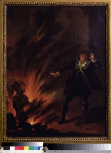 ""Hamlet vänder mot sin fars spöke"" (Hamlet and the Ghost of His Father) Illustration till pjäsen Hamlet av William Shakespeare (1564-1621) Målning från den engelska skolan i början av 1800-talet Dim. 65x51 cm Pouchkine Museum , Moskva av English School
