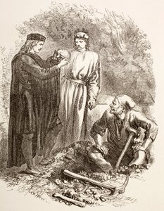 Hamlet anashikilia fuvu la kichwa cha Yorick, kielelezo cha Sheria ya V, Onyesho la Kwanza huko Hamlet, kutoka 