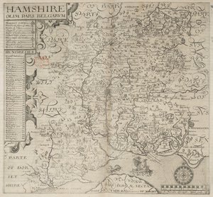 Hampshire, tidigare en del av belgarna. J. Norden beskrev W. Hole sculp., från Camdens "Britannia". 6:e upplagan. fol. 187 (gravyr) av English School