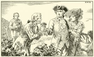 Räckte ett knippe potatisblommor till hans majestät (bläck på papper) av English School