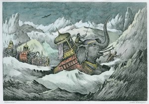 Hannibal (247-c.183 f.Kr.) och hans krigselefanter korsar Alperna (senare färgning)