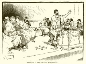 Hannibal in der Versammlung von Karthago von English School