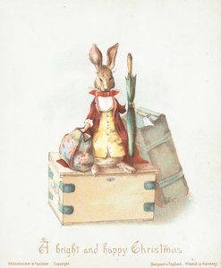 Hare med bagage och paraply, julkort av English School