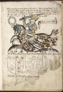 Harley 2169 f. 3 Henrik VI till häst, vapensköldar på Henrik VI:s tid (vellum) av English School