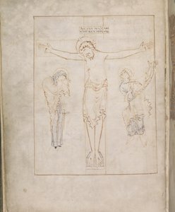 Harley 2904, f.3v, Korsfästelsen; med Jungfrun och St. John som skrev in sitt vittnesbörd på en skriftrulle, från Ramsey Psalter, c.900-1000 (vellum) av English School