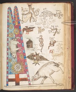 Harley 4632, f.242, Richard III:s banderoll i Bosworth, plus Yorkistisk sunburst (vellum) av English School
