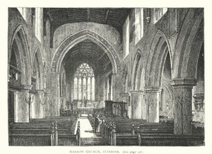 Harrow Church, interiör (gravyr) av English School