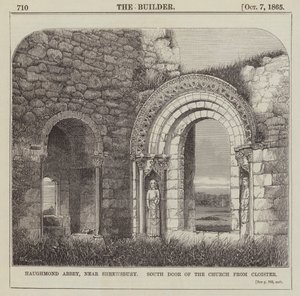 Haughmond Abbey, nära Shrewsbury, södra dörren till kyrkan från Cloister (gravyr) av English School