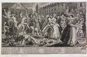 Han och hans berusade följeslagare väcker upplopp i Covent Garden, 1735 av English School