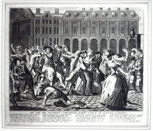 He and His Drunken Companions Raise a Riot in Covent Garden, från en piratkopierad serie baserad på Hogarths 