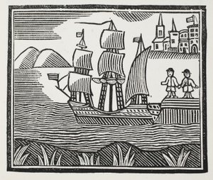 Han sätter segel på sin händelserika resa, illustration från Chap-books of the Eighteenth Century av John Ashton, pub. 1882 av English School