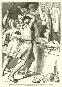 "Han tog bort de främmande gudarnas altare...och bröt ner bilderna", II, Krönika, xiv, 3 (gravyr) av English School