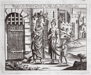 Henricus kejsaren med sin fru och sitt barn väntar, barfota och barbenta, tre dagar och tre nätter vid portarna till Canusuam, illustration från Acts and Monuments av John Foxe, nionde upplagan, av English School
