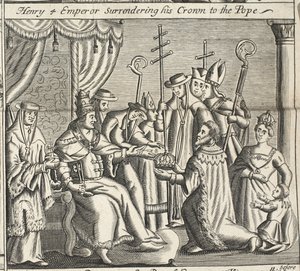 Henry 4 kejsare som överlämnar sin krona till påven, illustration från Acts and Monuments av John Foxe, nionde upplagan, pub. 1684 av English School