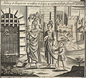 Henry 4-kejsaren väntar 3 dagar och nätter i frost och snö på tillträde till påven Gregory, illustration från Acts and Monuments av John Foxe, nionde upplagan, pub. 1684 av English School