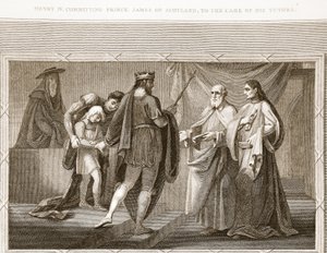 Henry IV som överlåter prins James av Skottland till sina lärares vård, illustration från David Humes The History of England, pub. av R. Bowyer, London, 1812 av English School