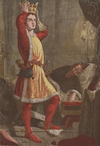 Henry, Prince of Wales, den blivande kungen Henrik V, prövar sin fars krona (chromolitho) av English School