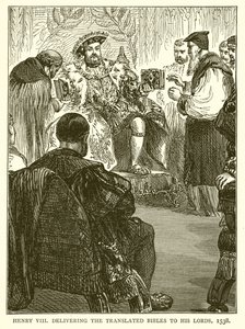 Henrik VIII levererade de översatta biblarna till sina herrar, 1538 av English School