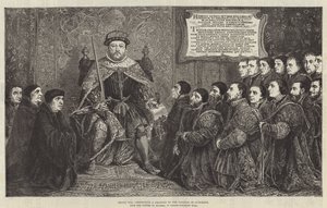 Henry VIII presenterar en stadga till College of Surgeons (gravyr) av English School