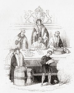Henry VII:s rättegång med vikter och mått vid statskassan 1497, från Old England: A Pictorial Museum, pub. 1847 av English School