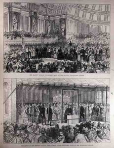 Hennes Majestät öppnar Queens Hall i Peoples Palace och lägger den första stenen till de tekniska skolorna, från The Illustrated London News, 21 maj 1887 av English School