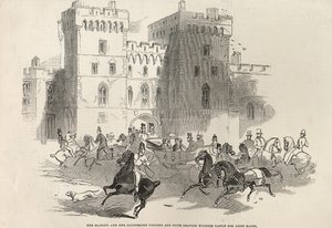 Hennes Majestät och hennes berömda besökare och svit lämnar Windsor Castle för Ascot Races, från "The Illustrated London News", 14 juni 1845. av English School