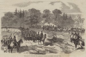 Hennes Majestät inspekterar Aldershott-divisionen vid Frimley (gravyr) av English School