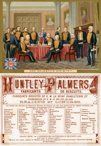 Hennes Majestäts departement, fram- och baksidan av ett reklamkort för Huntley & Palmers Biscuits, producerat för den franska marknaden ca 1890 av English School