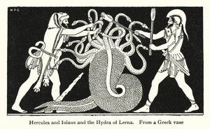 Hercules och Iolaus och Lerna Hydra (litho) av English School