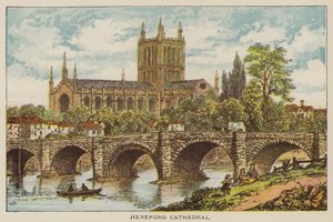 Hereford Cathedral (färgad gravyr) av English School