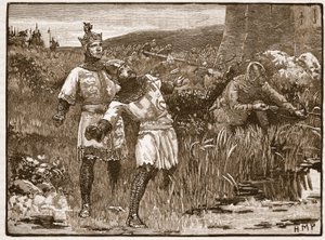 Heroism of St. Clair at the Siege of Bridgnorth Castle, illustration från Cassells Illustrated History of England (sepiafoto) av English School