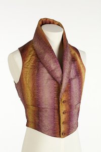 Väst med hög krage med vävda vertikala ränder i blekande färger av lila, brons och gult, ca 1840 (silke) av English School