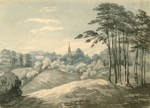 Highgate Church, London, från Hampstead Heath (wc på papper) av English School