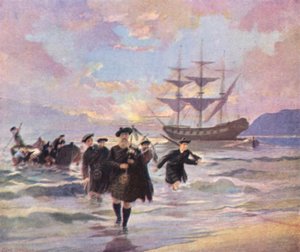 Höglandsbosättare anländer till Pictou, Nova Scotia, från "Hector", 1773 (färglitografi) av English School